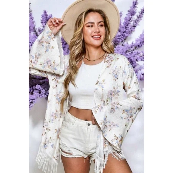 PEACH LOVE Ivory Floral Print Satin Cardigan with Fringe - Picture 6 of 8